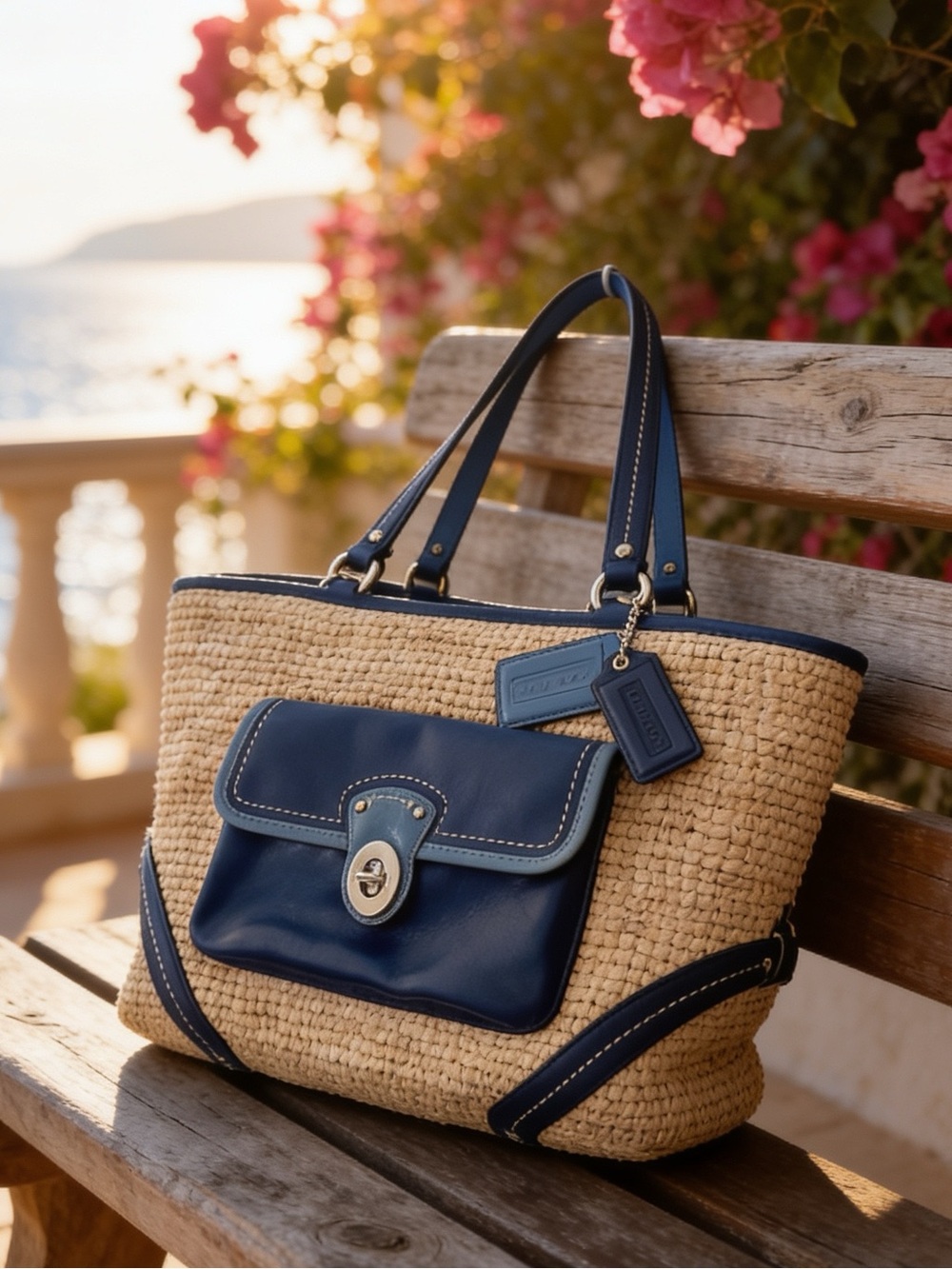 Coach vintage legacy,turn lock tote bag,raffia plus denim,navy leather trim NWOT